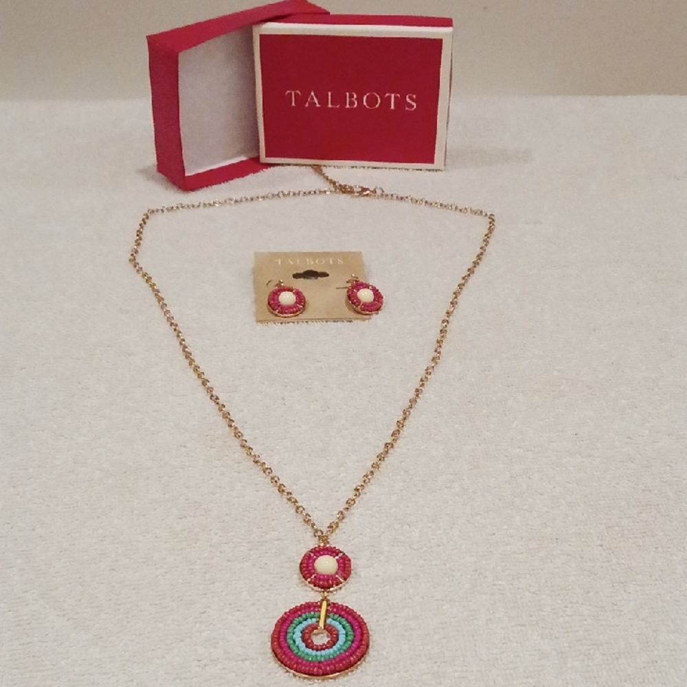 Talbots Pink and Turquoise Necklace And Earrings Set Gold Tone Chain Pendant